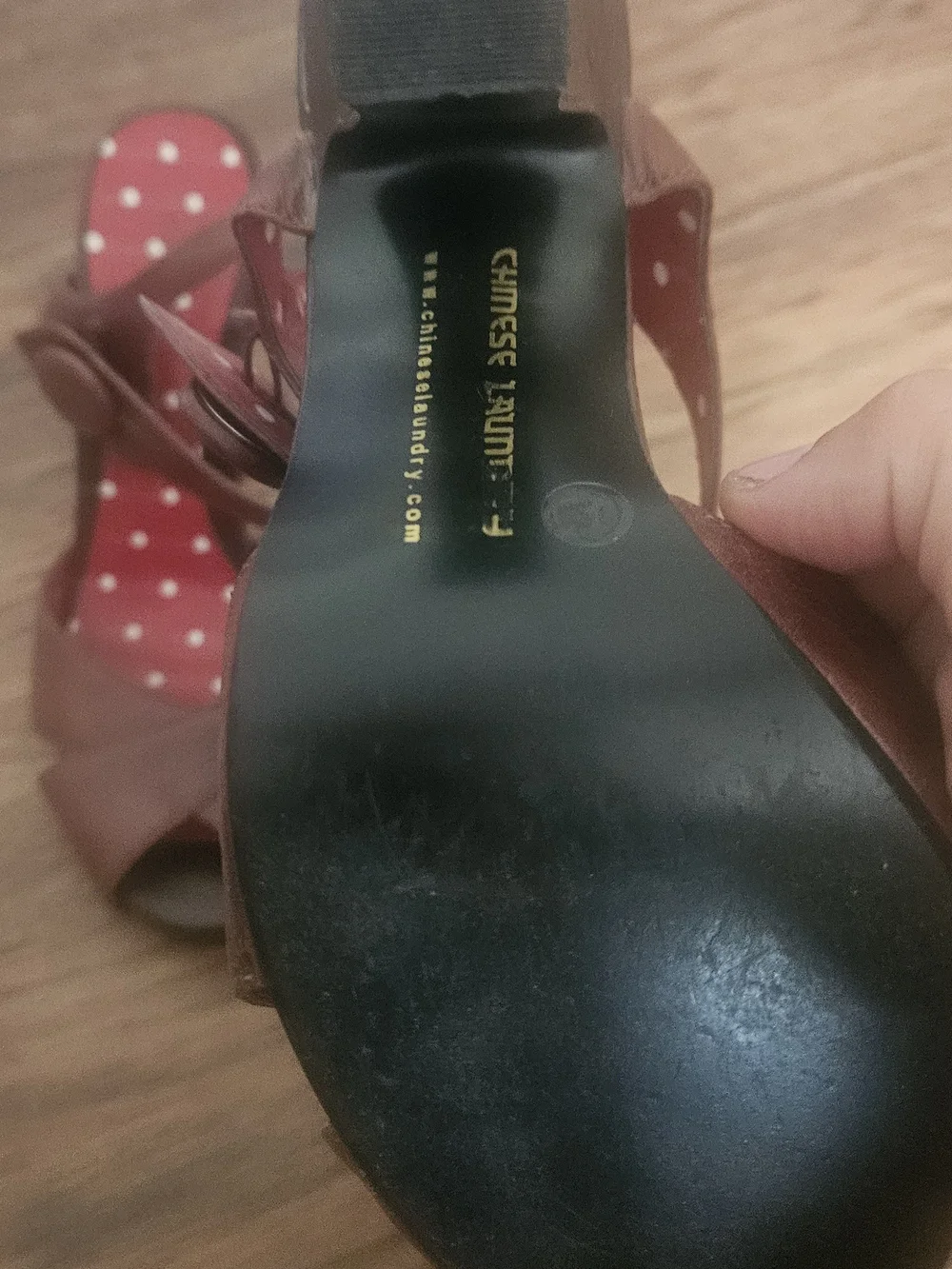 Chinese Laundry Brown Peep-Toe Heels with Red Polka Dot Insole